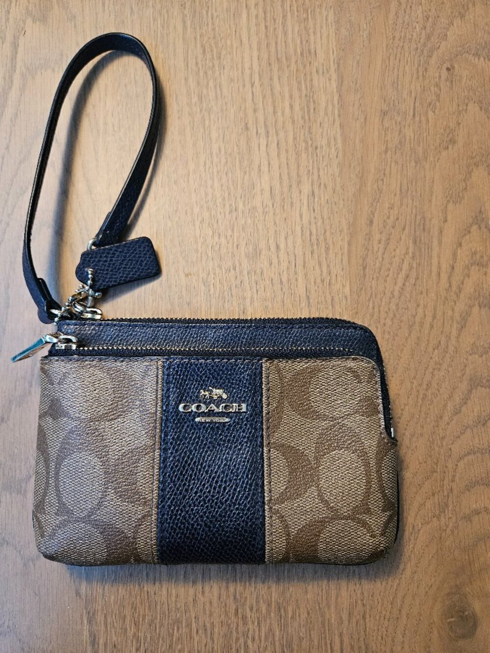 Coach Double Zip Wristlet | Signature Canvas | Tan/Navy
